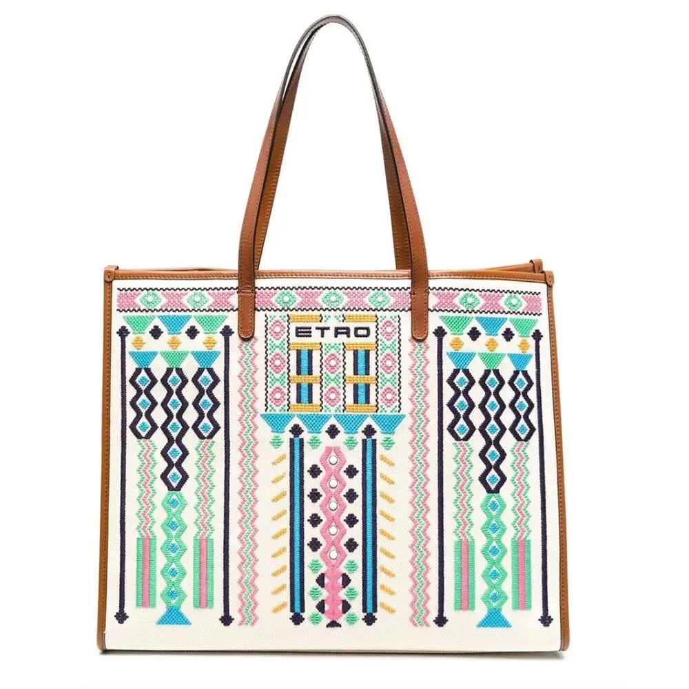 ETRO Embroidered Canvas Shopper Tote Bag Neutrals
